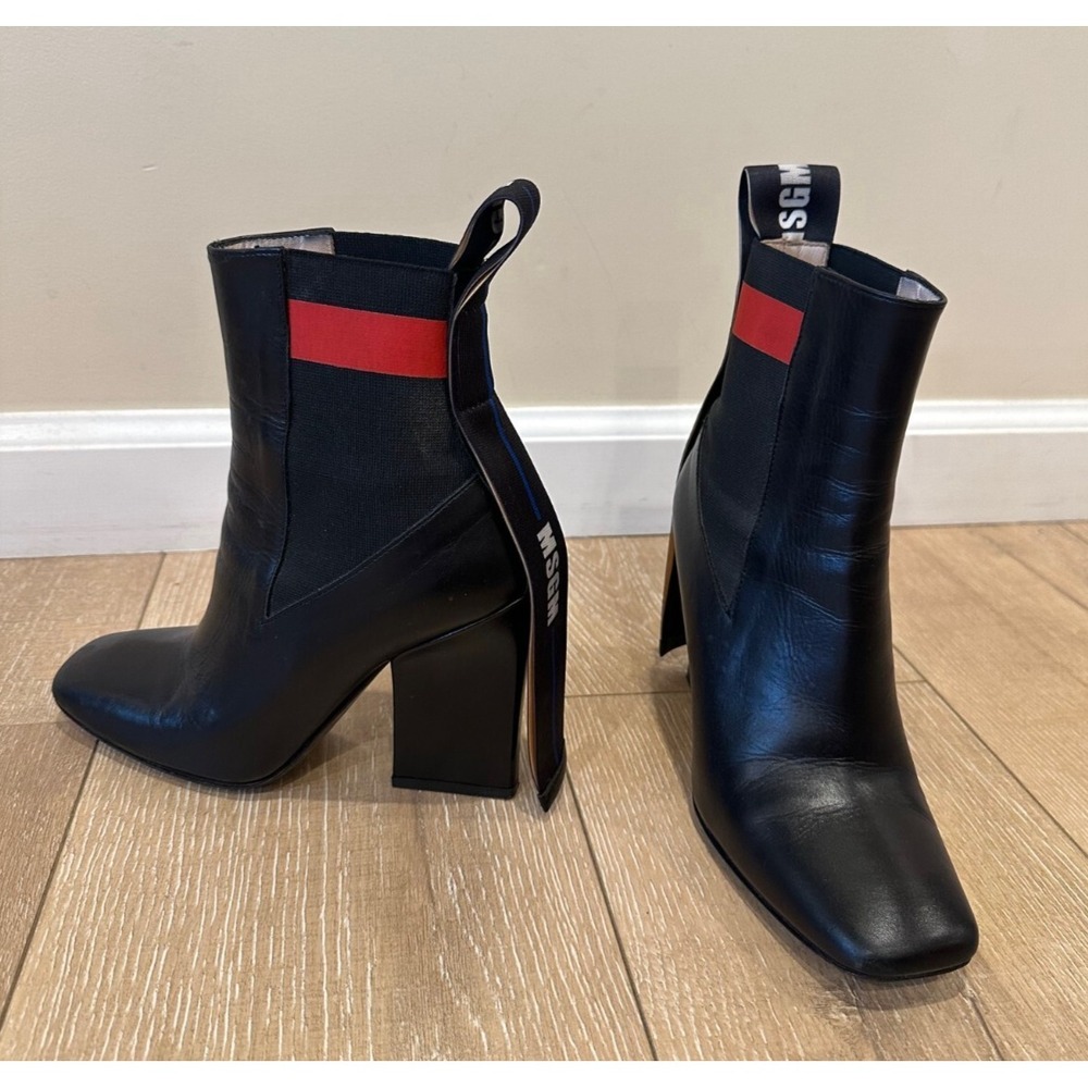 MSGM Black Leather Stripe Band Chelsea Ankle Boots Sz 6.5 Block Heel Italy $700‎